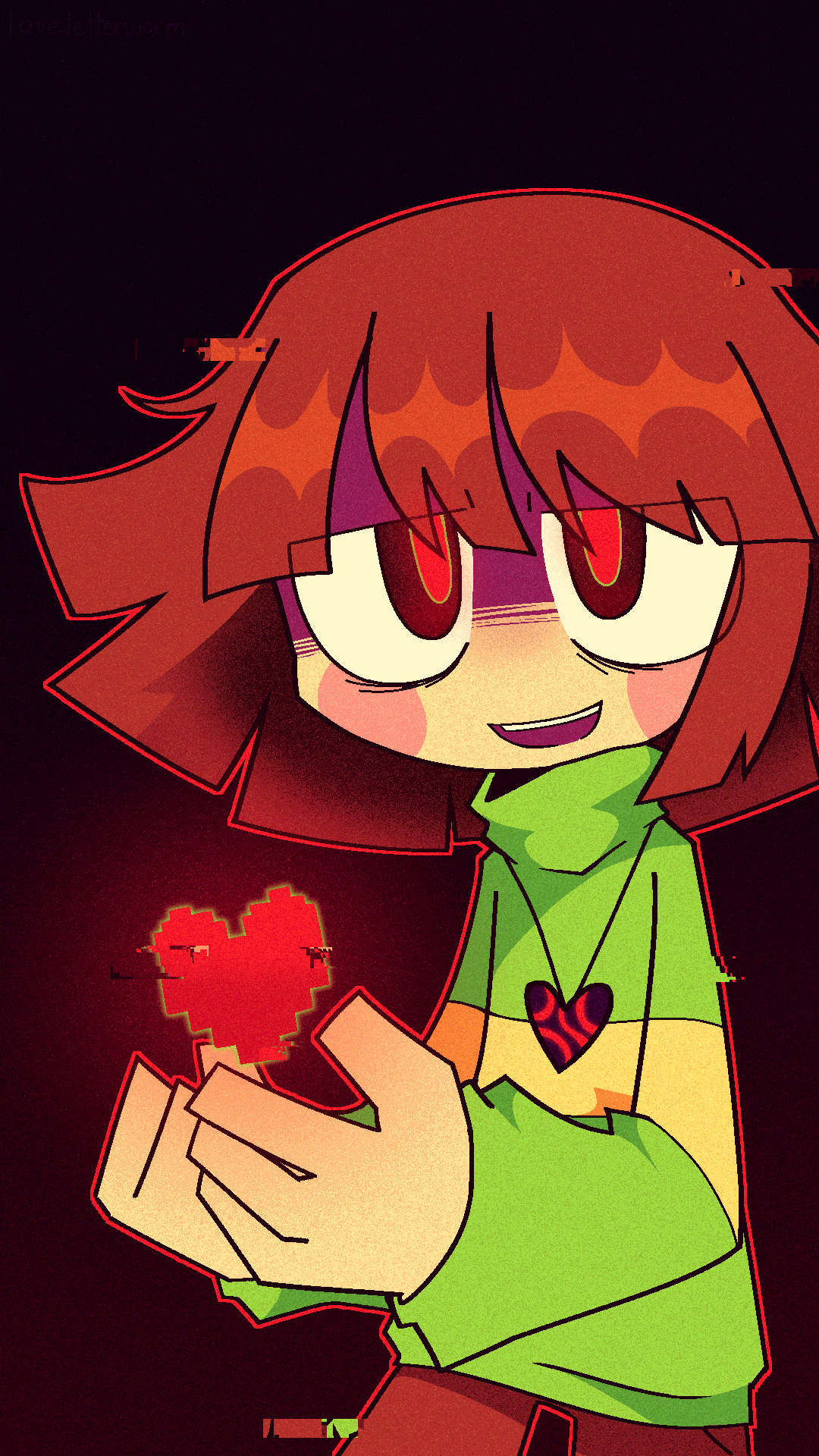 A drawing of Chara from Undertale. They have their hands cupped in front of them, with a pixel heart (the Soul from Undertale) hovering above their fingers. Their expression is a sarcastic, tired smile. The image is edited so that some sections of the picture seem mildly 'glitchy'.