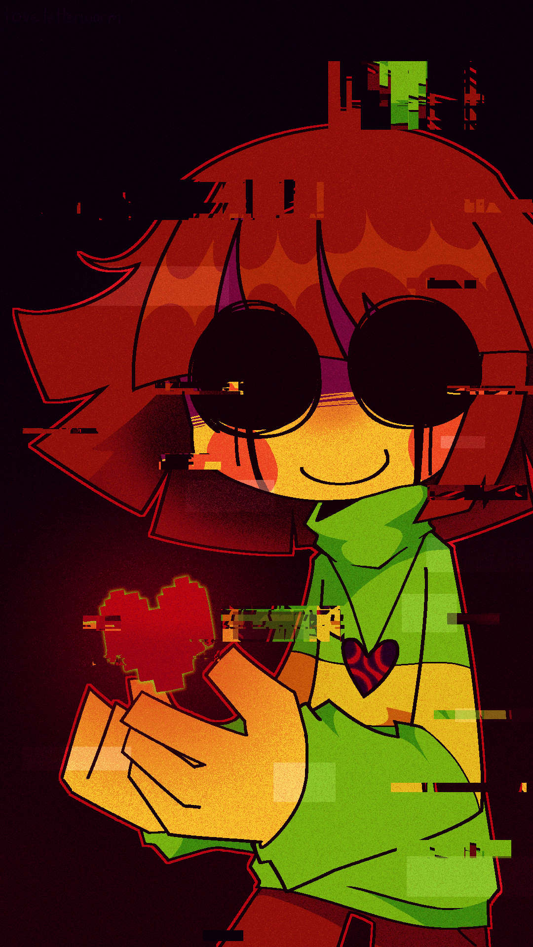 The same drawing of Chara as previous, but edited. The colors are now darker and more saturated, the glitch effects more intense, and their face has changed so that their eyes are scribbly black dripping circles.