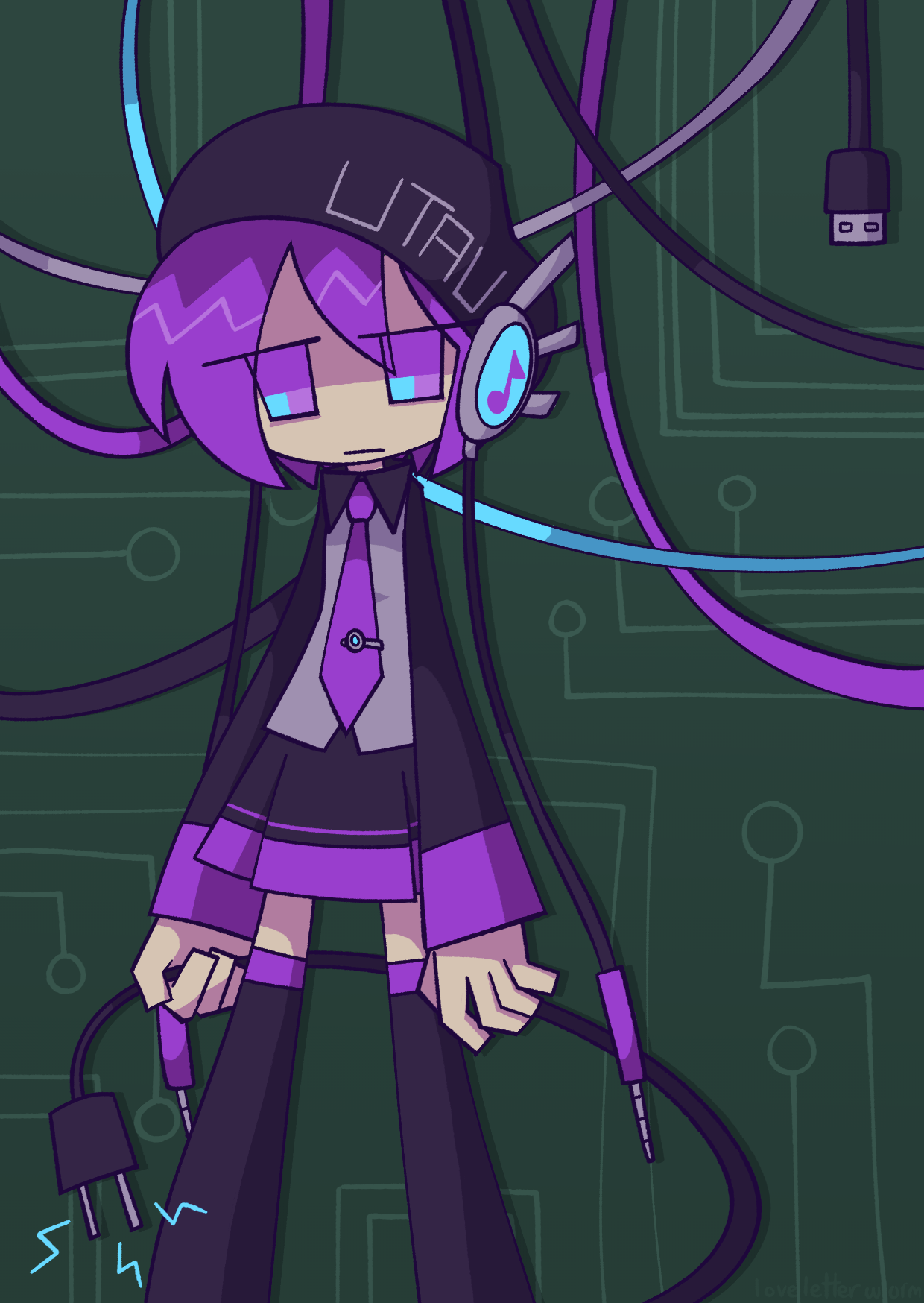 A drawing of the UTAU Defoko. She is standing against a background resembling a circuitboard, with purple, grey, blue and black wires dangling behind her. She has a deadpan expression and is loosely holding a power cord, which has small blue sparks emitting from it.
