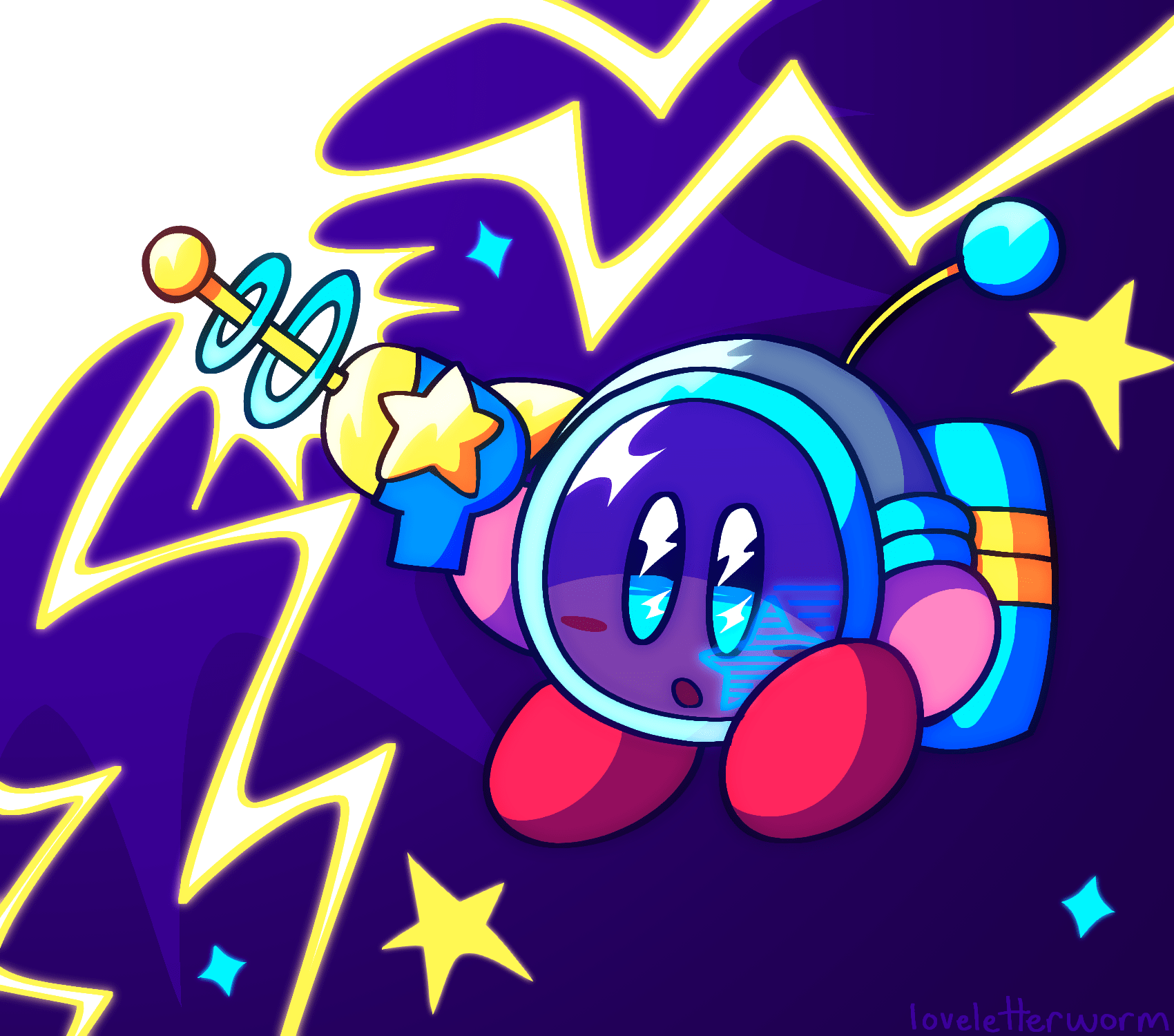 A drawing of Kirby from the Nintendo games. He has the Space Ranger ability, which gives him a grey and blue space helmet and a blue and yellow laser gun. There are small stars surrounding him, and lightning is coming out of the laser gun.