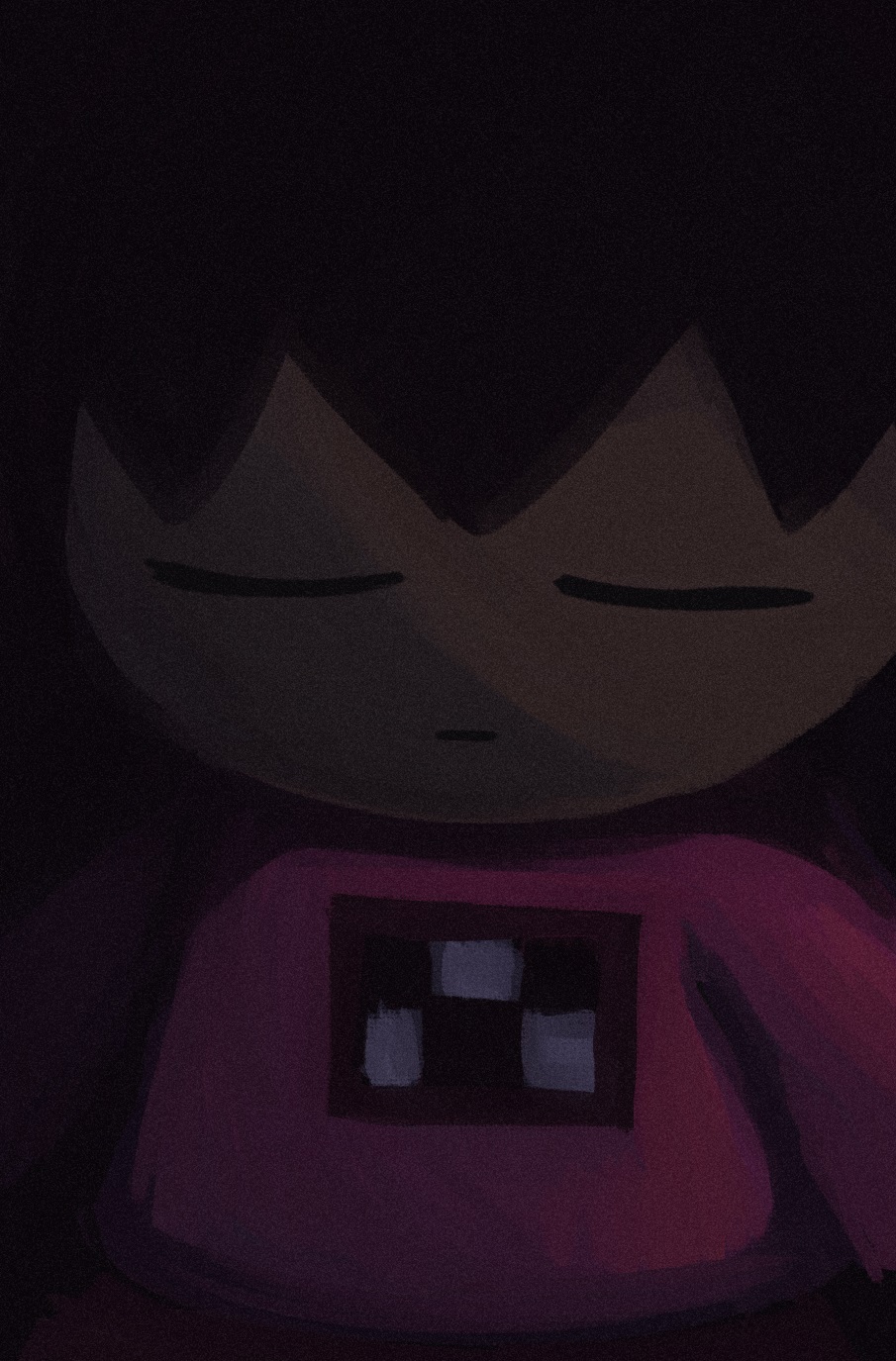 A painting of Madotsuki from Yume Nikki, referenced from a photo of a plush of the same character. The colors are very dark, with her hair blending into the background surrounding her.